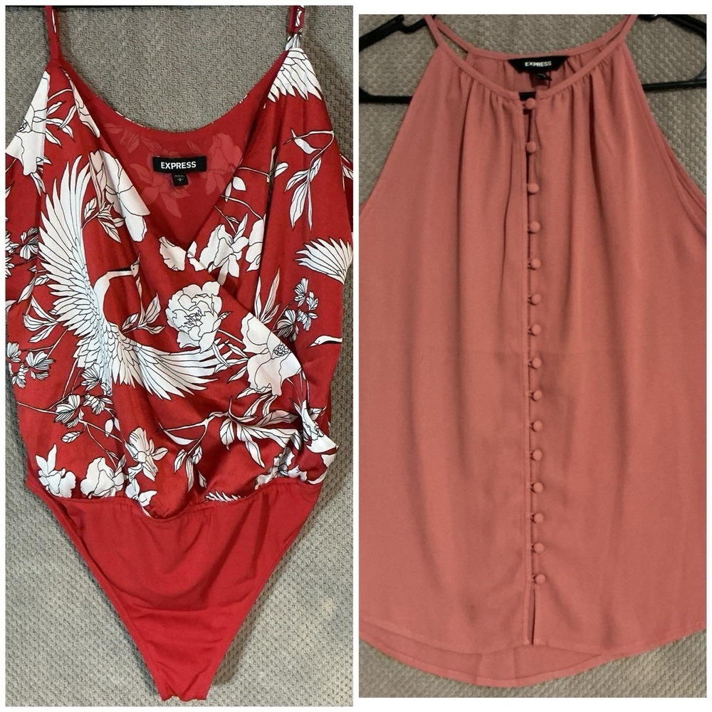 Express Women's LOT (1) Floral Thong Bodysuit & (1) Halter Coral Blouse Sz Small